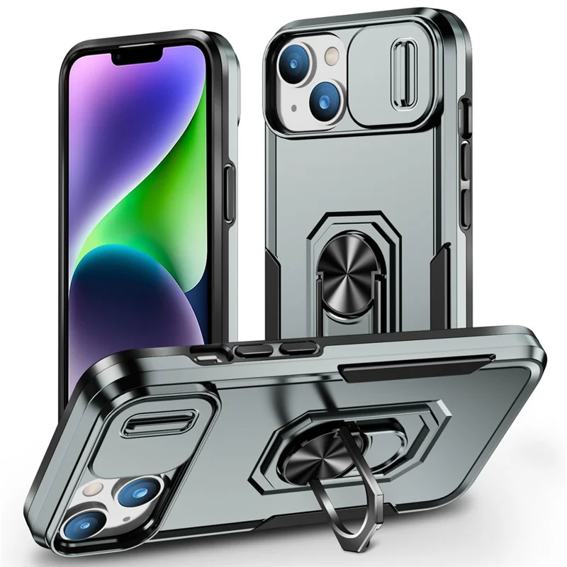 For iPhone 14 PC + TPU Shockproof Phone Case Ring Kickstand Slide Camera Protector Cover with Car Mount Metal Sheet - Grey