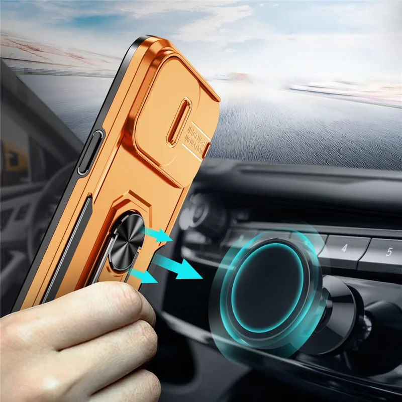 For iPhone 14 PC + TPU Shockproof Phone Case Ring Kickstand Slide Camera Protector Cover with Car Mount Metal Sheet - Grey