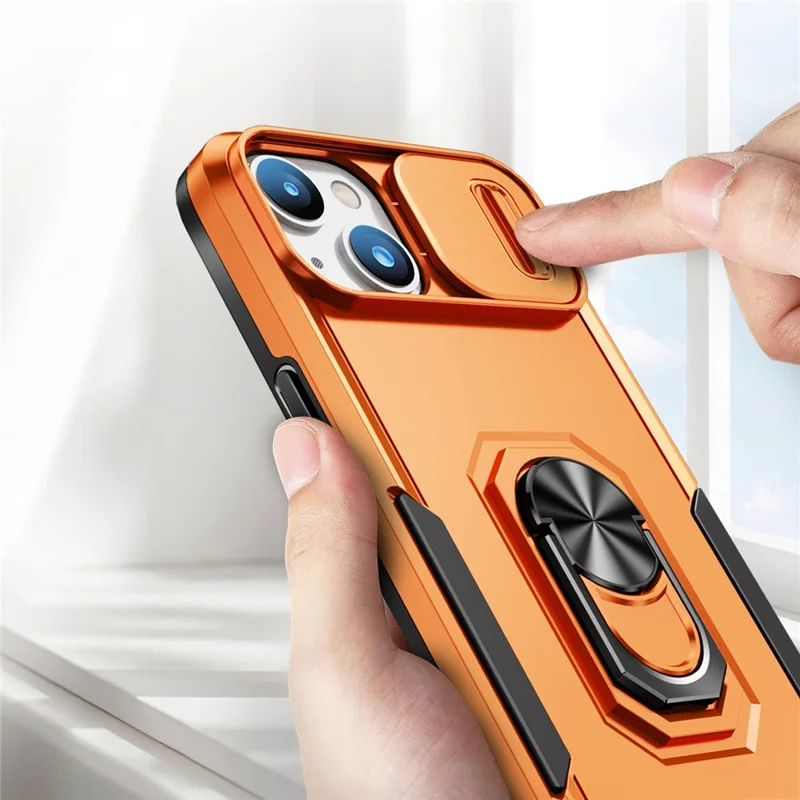 For iPhone 14 PC + TPU Shockproof Phone Case Ring Kickstand Slide Camera Protector Cover with Car Mount Metal Sheet - Grey