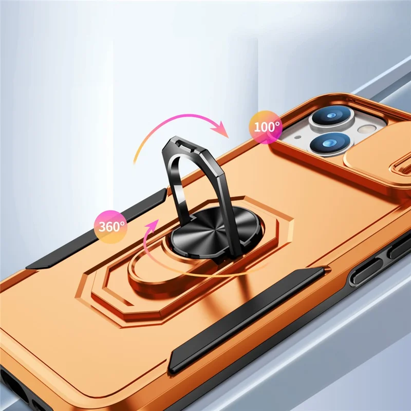 For iPhone 14 PC + TPU Shockproof Phone Case Ring Kickstand Slide Camera Protector Cover with Car Mount Metal Sheet - Grey