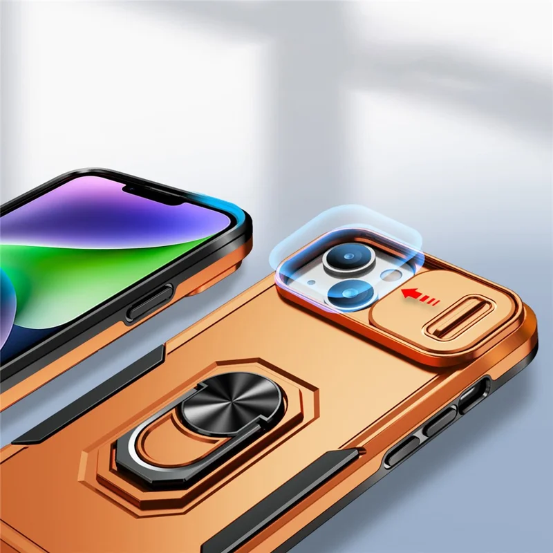 For iPhone 14 PC + TPU Shockproof Phone Case Ring Kickstand Slide Camera Protector Cover with Car Mount Metal Sheet - Grey