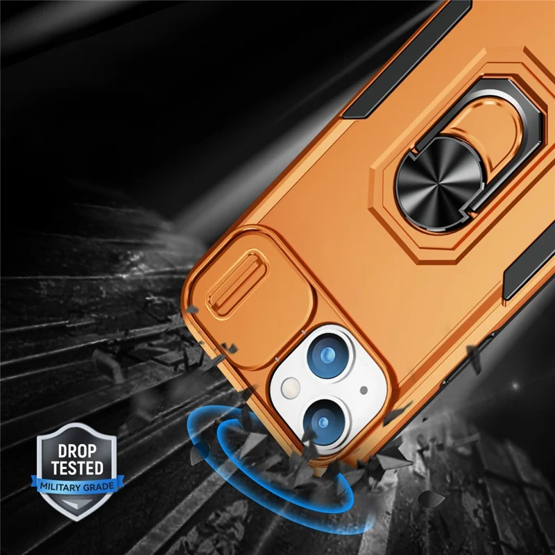 For iPhone 14 PC + TPU Shockproof Phone Case Ring Kickstand Slide Camera Protector Cover with Car Mount Metal Sheet - Grey