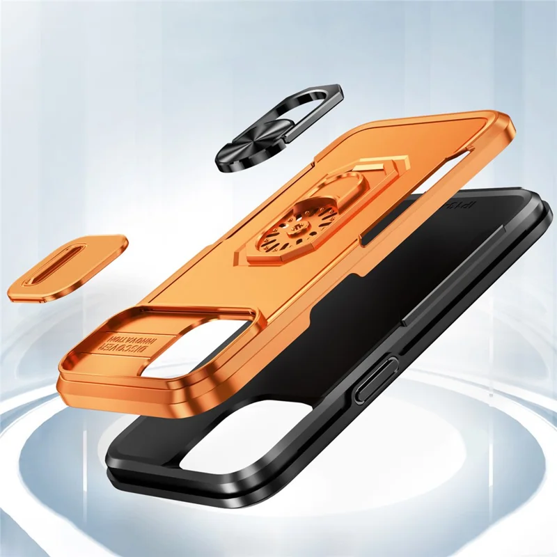 For iPhone 14 PC + TPU Shockproof Phone Case Ring Kickstand Slide Camera Protector Cover with Car Mount Metal Sheet - Grey