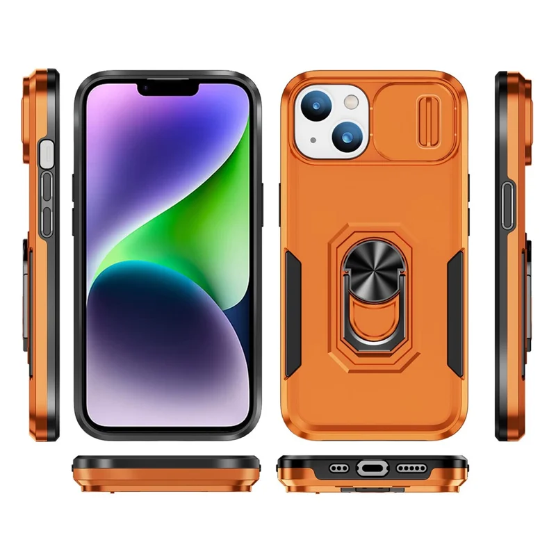 For iPhone 14 PC + TPU Shockproof Phone Case Ring Kickstand Slide Camera Protector Cover with Car Mount Metal Sheet - Grey