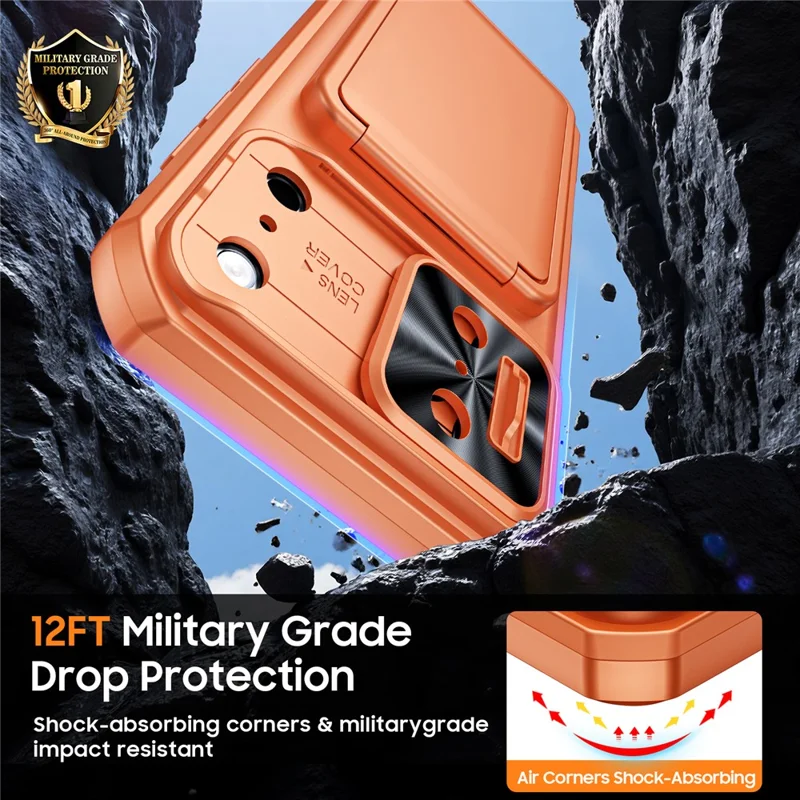 For iPhone 18 Pro / 17 Pro Case Slide Lens Cover RFID Blocking Magnetic Card Holder PC + TPU Phone Shell - Orange