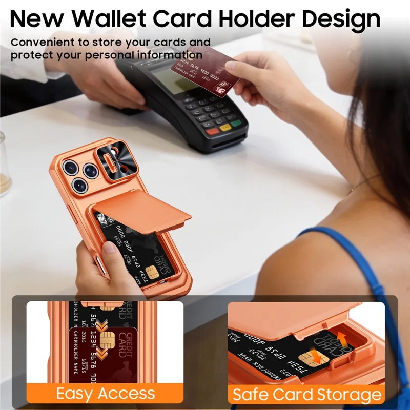 For iPhone 18 Pro / 17 Pro Case Slide Lens Cover RFID Blocking Magnetic Card Holder PC + TPU Phone Shell - Orange