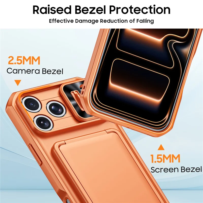For iPhone 18 Pro / 17 Pro Case Slide Lens Cover RFID Blocking Magnetic Card Holder PC + TPU Phone Shell - Orange