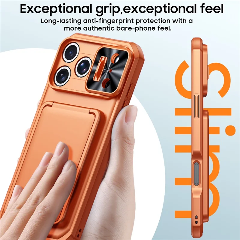 For iPhone 18 Pro / 17 Pro Case Slide Lens Cover RFID Blocking Magnetic Card Holder PC + TPU Phone Shell - Orange