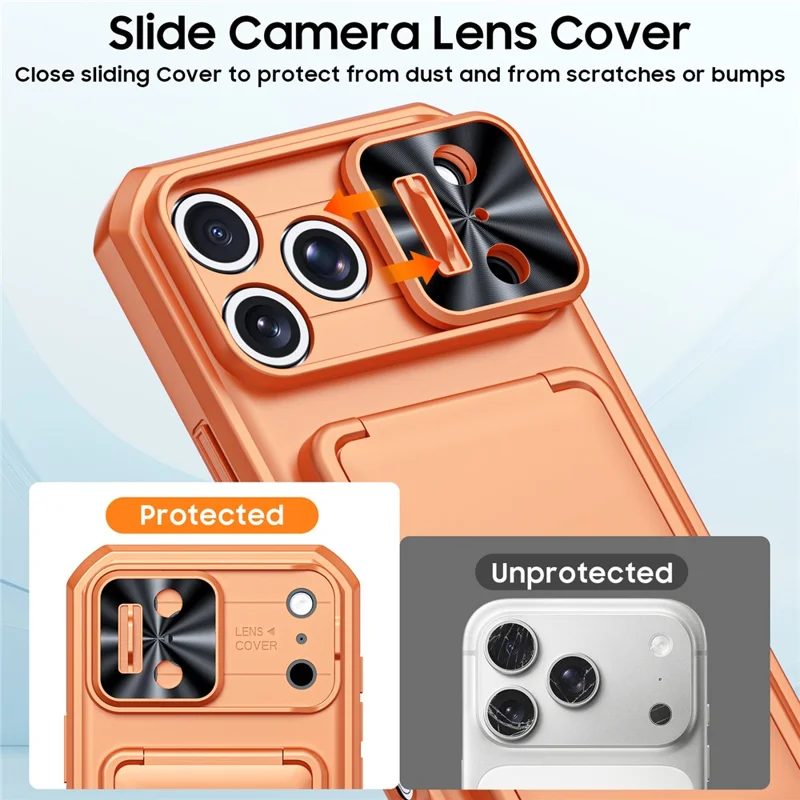 For iPhone 18 Pro / 17 Pro Case Slide Lens Cover RFID Blocking Magnetic Card Holder PC + TPU Phone Shell - Orange