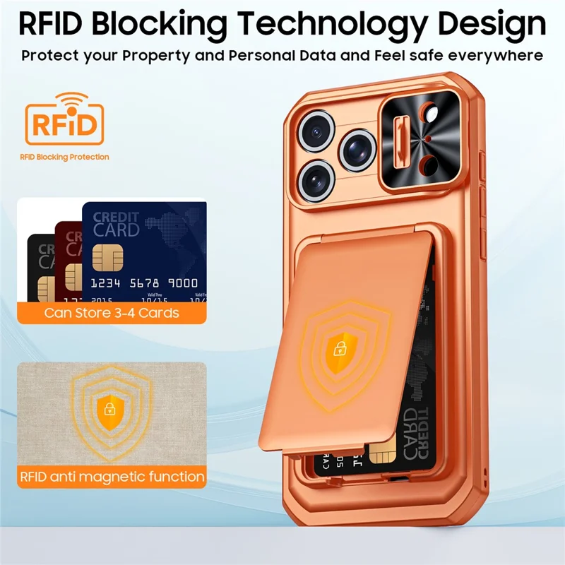 For iPhone 18 Pro / 17 Pro Case Slide Lens Cover RFID Blocking Magnetic Card Holder PC + TPU Phone Shell - Orange
