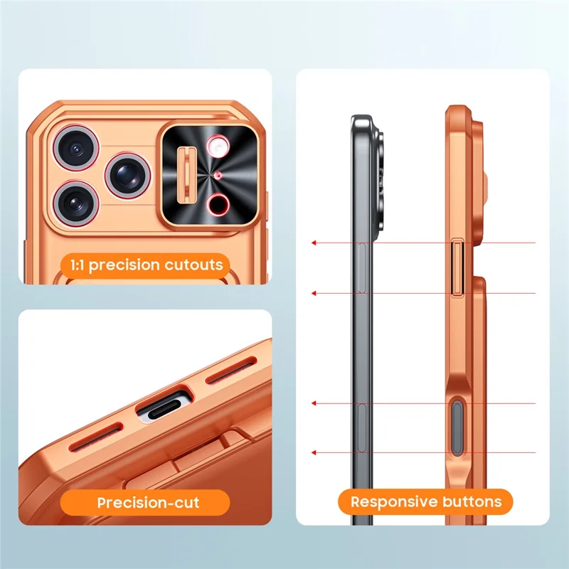 For iPhone 18 Pro / 17 Pro Case Slide Lens Cover RFID Blocking Magnetic Card Holder PC + TPU Phone Shell - Orange