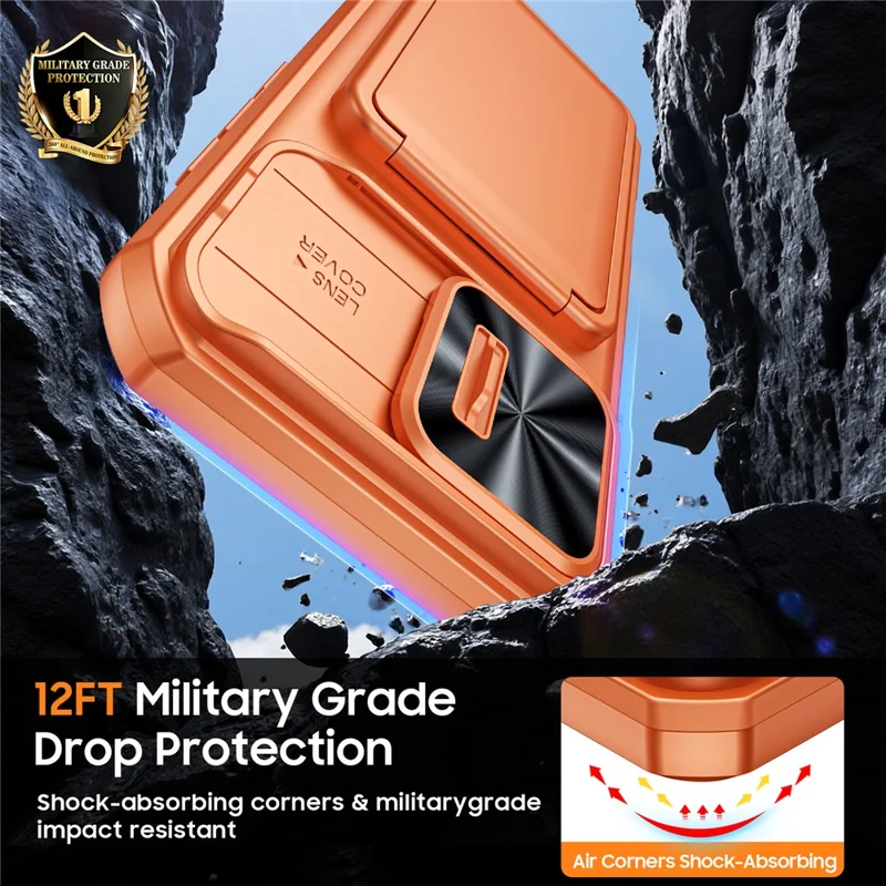 For iPhone 16 Pro Max Case Slide Lens Cover RFID Blocking Magnetic Card Holder PC + TPU Phone Shell - Orange