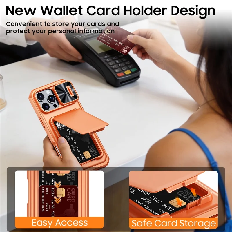 For iPhone 16 Pro Max Case Slide Lens Cover RFID Blocking Magnetic Card Holder PC + TPU Phone Shell - Orange