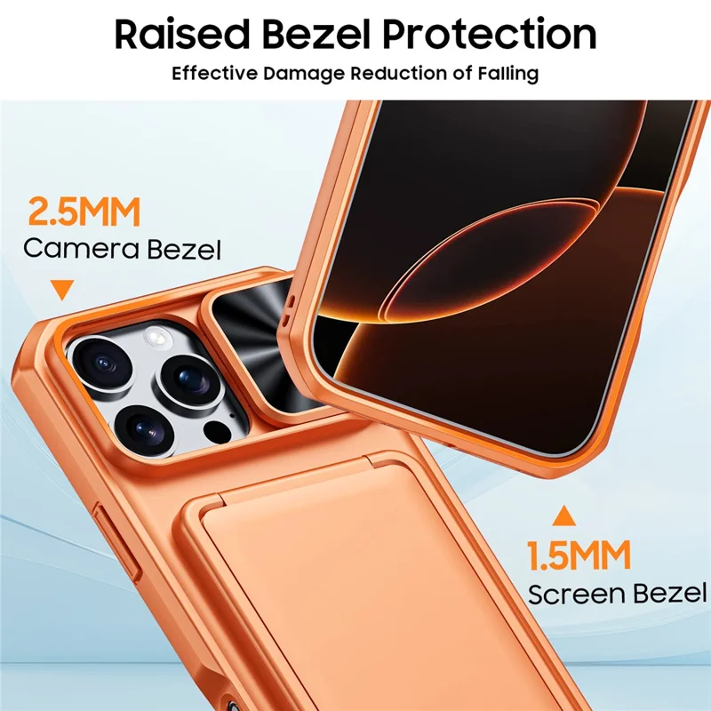 For iPhone 16 Pro Max Case Slide Lens Cover RFID Blocking Magnetic Card Holder PC + TPU Phone Shell - Orange