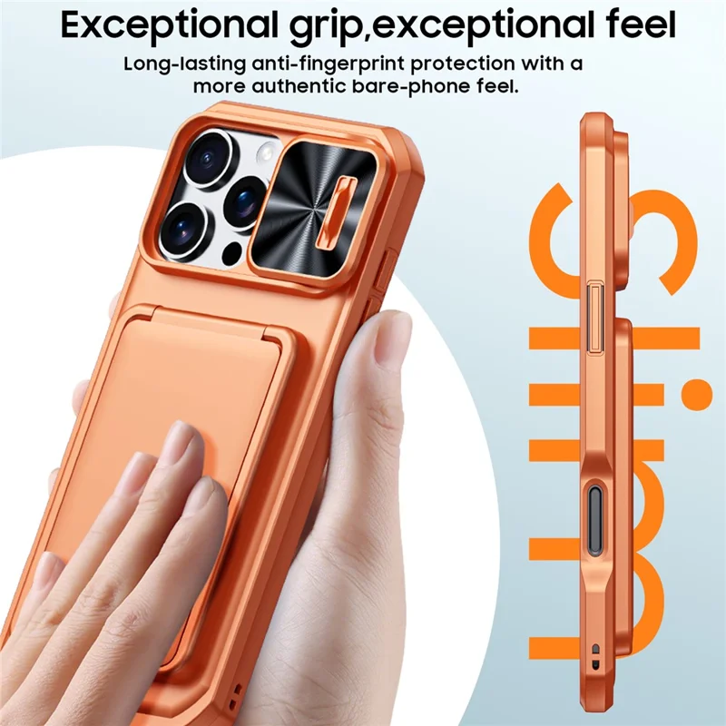For iPhone 16 Pro Max Case Slide Lens Cover RFID Blocking Magnetic Card Holder PC + TPU Phone Shell - Orange
