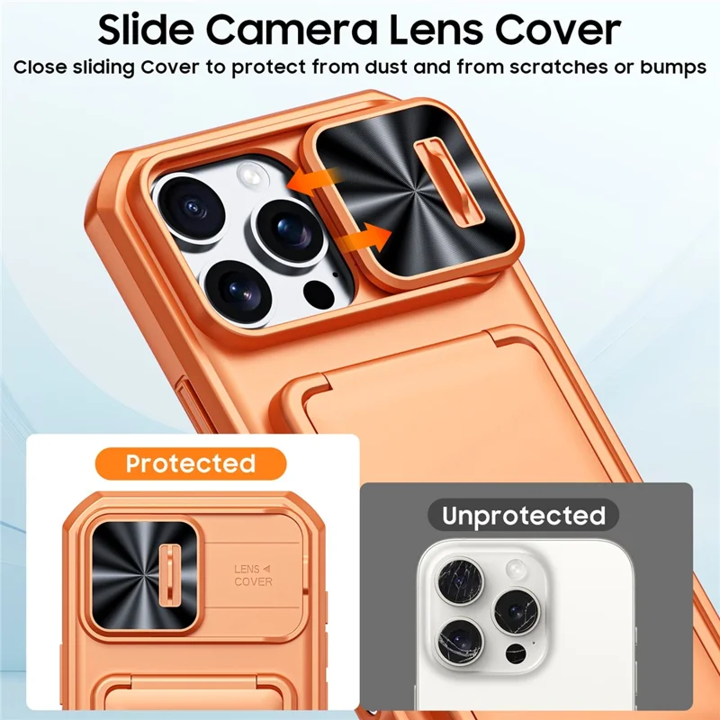 For iPhone 16 Pro Max Case Slide Lens Cover RFID Blocking Magnetic Card Holder PC + TPU Phone Shell - Orange