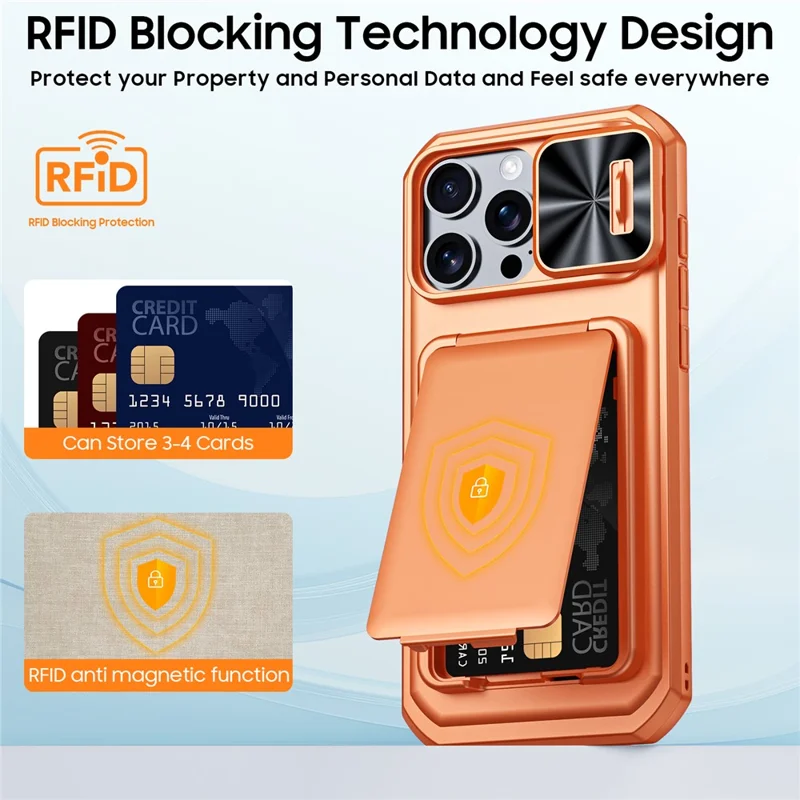 For iPhone 16 Pro Max Case Slide Lens Cover RFID Blocking Magnetic Card Holder PC + TPU Phone Shell - Orange