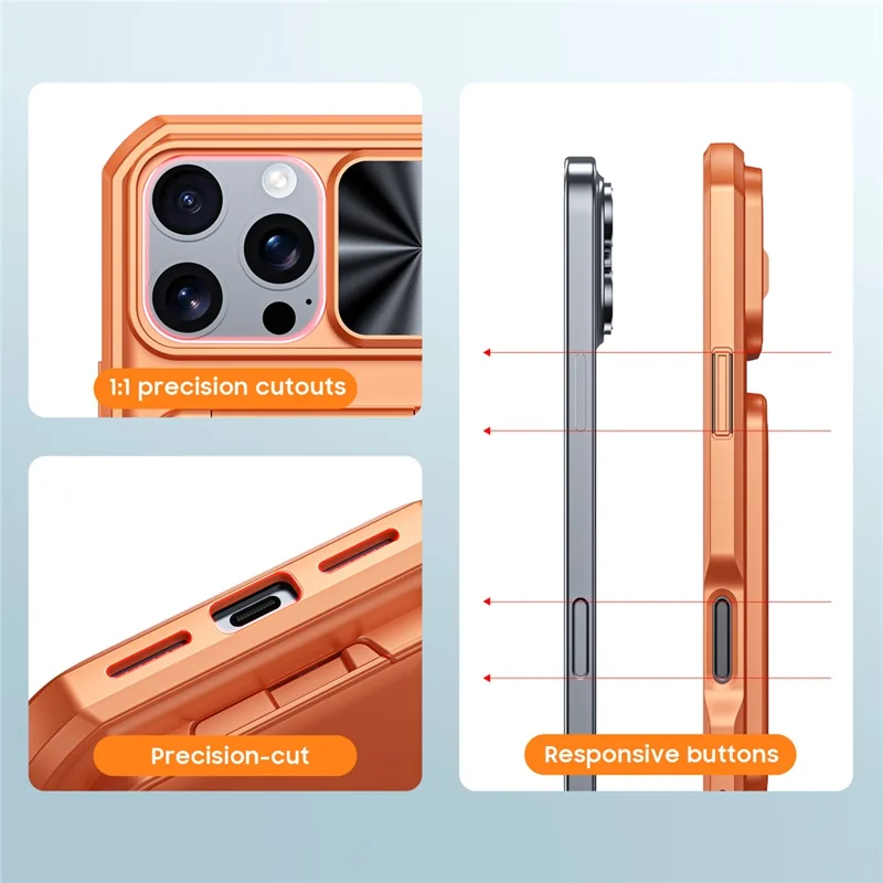 For iPhone 16 Pro Max Case Slide Lens Cover RFID Blocking Magnetic Card Holder PC + TPU Phone Shell - Orange