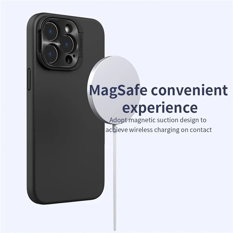 NILLKIN Lenswing Magnetic Case for iPhone 14 Pro, Camera Lens Protector Hidden Kickstand Silicone Phone Cover Compatible with MagSafe - Black