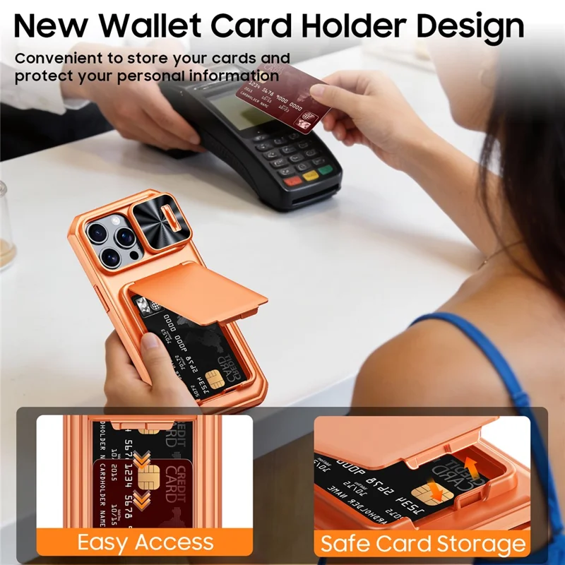For iPhone 15 Pro Max Case Slide Lens Cover RFID Blocking Magnetic Card Holder PC + TPU Phone Shell - Orange