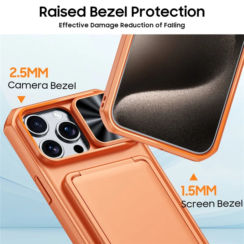For iPhone 15 Pro Max Case Slide Lens Cover RFID Blocking Magnetic Card Holder PC + TPU Phone Shell - Orange