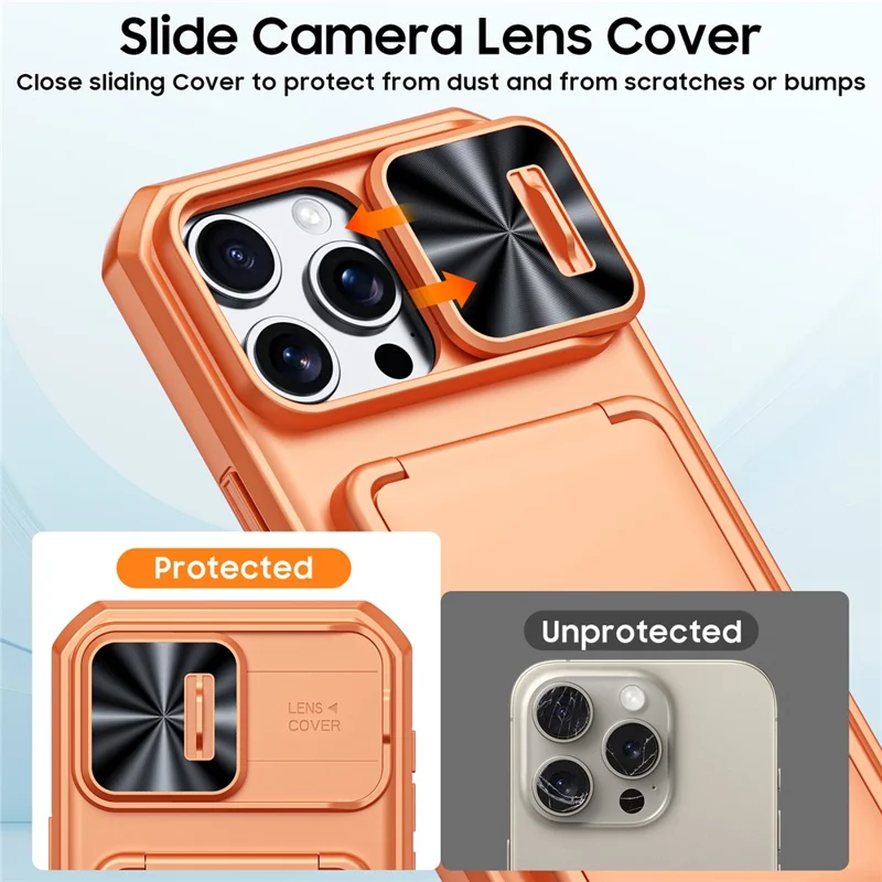 For iPhone 15 Pro Max Case Slide Lens Cover RFID Blocking Magnetic Card Holder PC + TPU Phone Shell - Orange