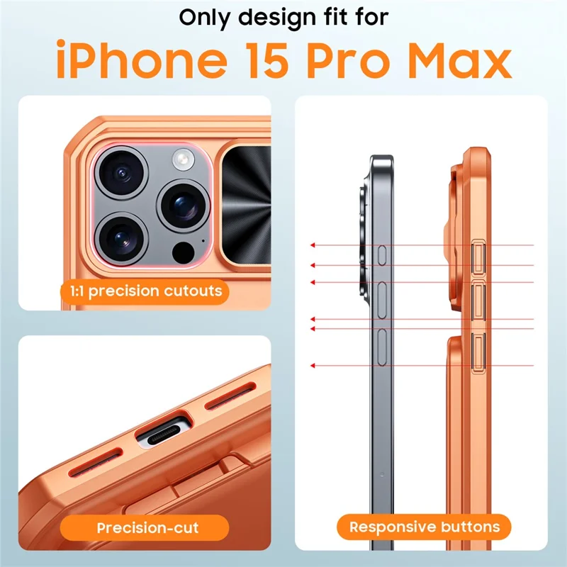 For iPhone 15 Pro Max Case Slide Lens Cover RFID Blocking Magnetic Card Holder PC + TPU Phone Shell - Orange