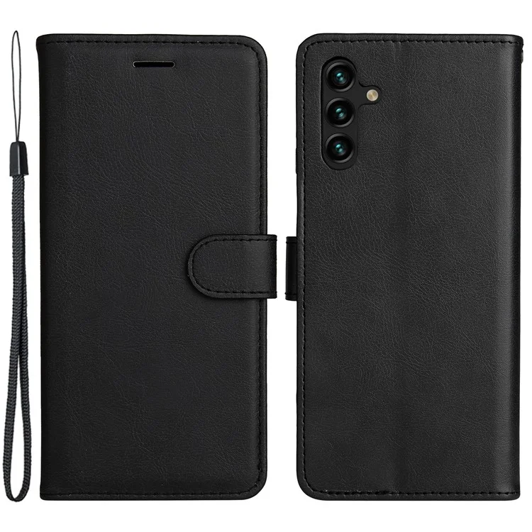 KT Leather Series-2 для Samsung Galaxy A34 5G Solid Color PU Leather Wallet Case Shockproof TPU Stand Book Style Flip Phone Cover с ремешком - черный