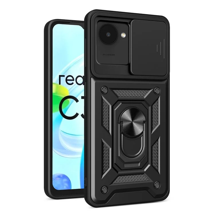 Для Realme C30 4G Ring Holder Kickstand PC + TPU Shockproof Case Slide Camera Protector Phone Cover - Чёрный