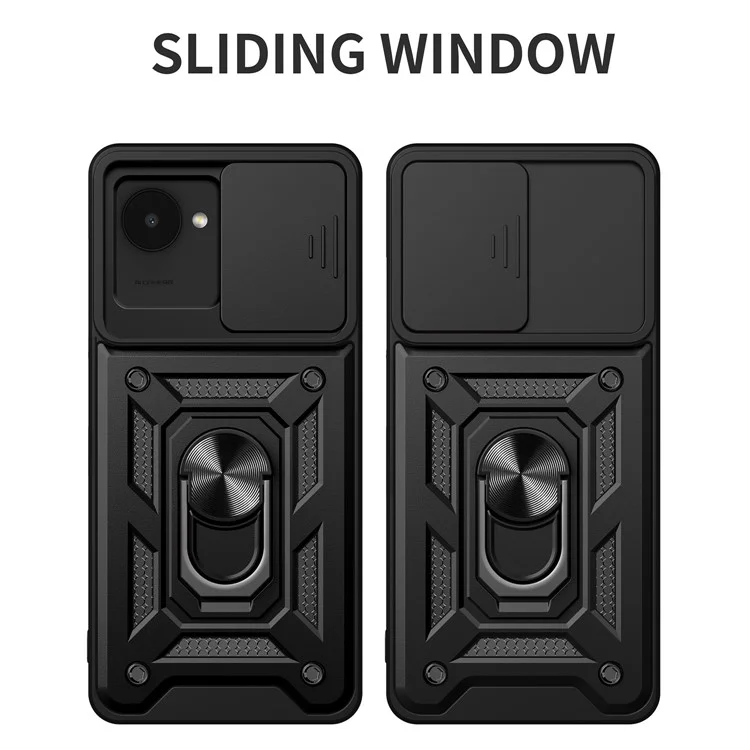 Для Realme C30 4G Ring Holder Kickstand PC + TPU Shockproof Case Slide Camera Protector Phone Cover - Чёрный