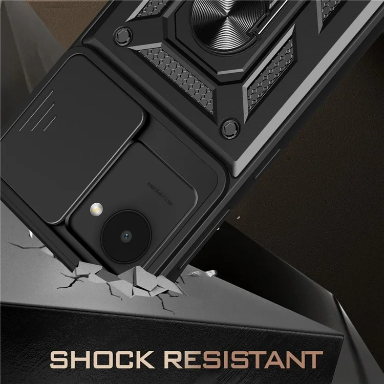 Для Realme C30 4G Ring Holder Kickstand PC + TPU Shockproof Case Slide Camera Protector Phone Cover - Чёрный