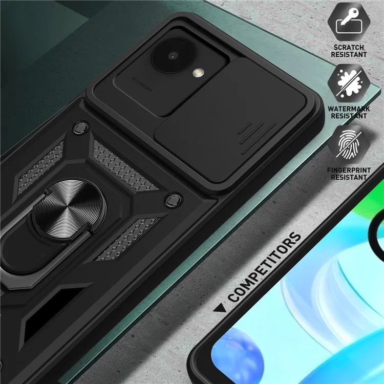 Для Realme C30 4G Ring Holder Kickstand PC + TPU Shockproof Case Slide Camera Protector Phone Cover - Чёрный