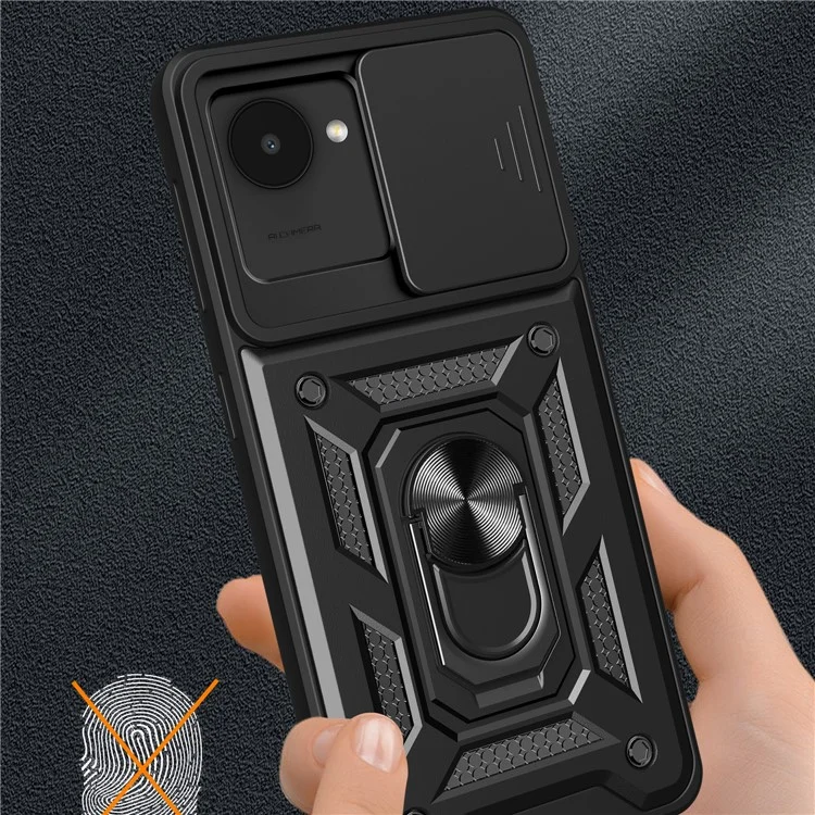 Для Realme C30 4G Ring Holder Kickstand PC + TPU Shockproof Case Slide Camera Protector Phone Cover - Чёрный