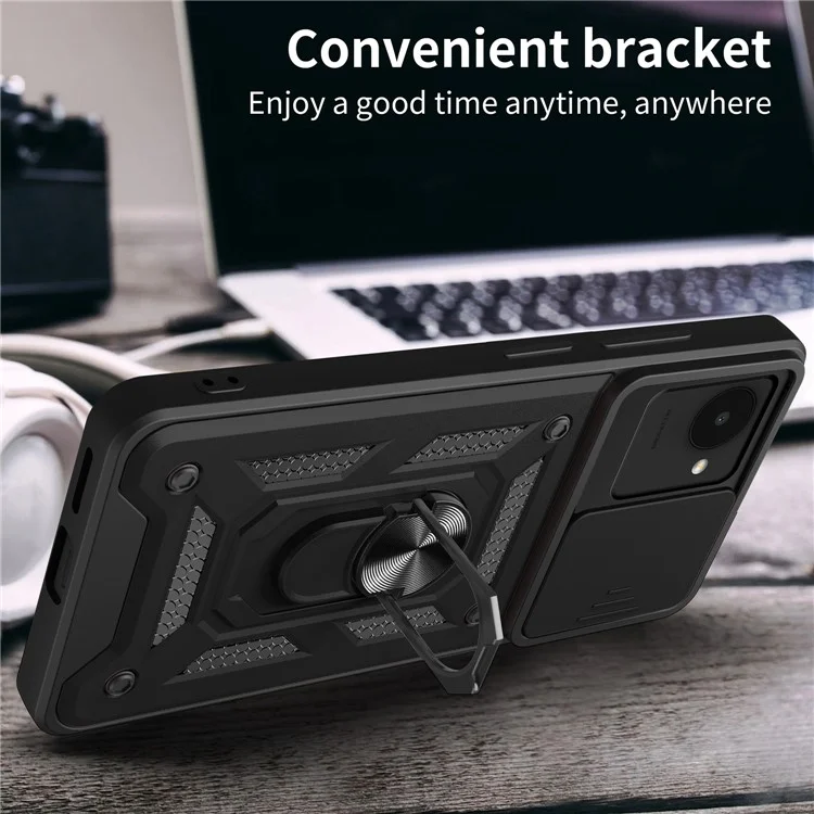 Для Realme C30 4G Ring Holder Kickstand PC + TPU Shockproof Case Slide Camera Protector Phone Cover - Чёрный