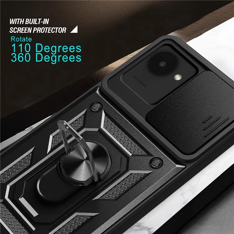 Для Realme C30 4G Ring Holder Kickstand PC + TPU Shockproof Case Slide Camera Protector Phone Cover - Чёрный
