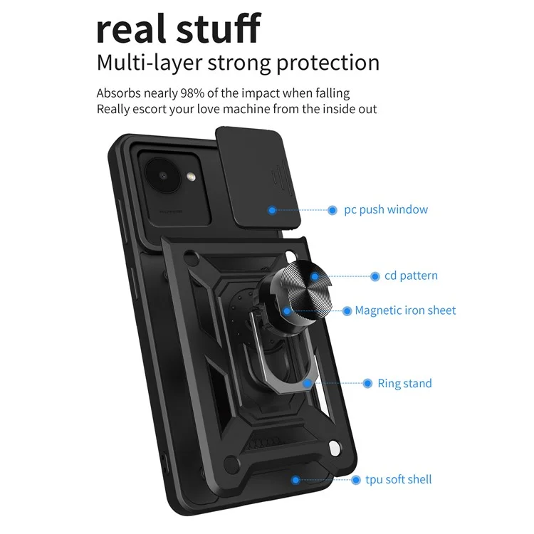 Для Realme C30 4G Ring Holder Kickstand PC + TPU Shockproof Case Slide Camera Protector Phone Cover - Чёрный