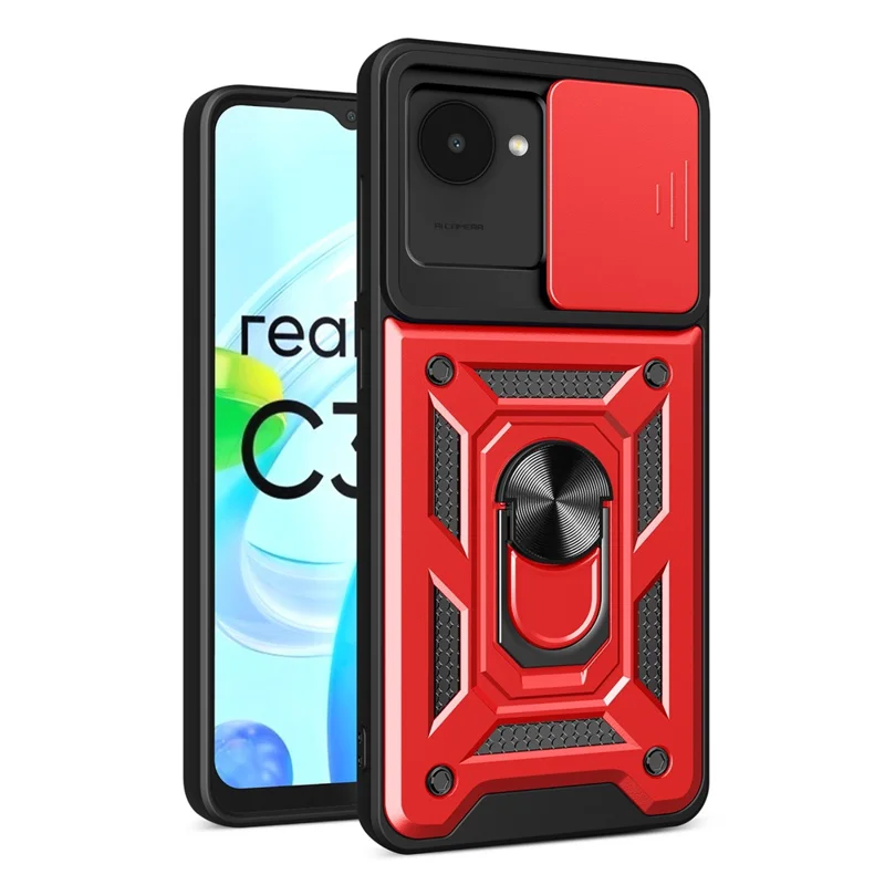 For Realme C30 4G Ring Holder Kickstand PC + TPU Shockproof Case Slide Camera Protector Phone Cover - Red