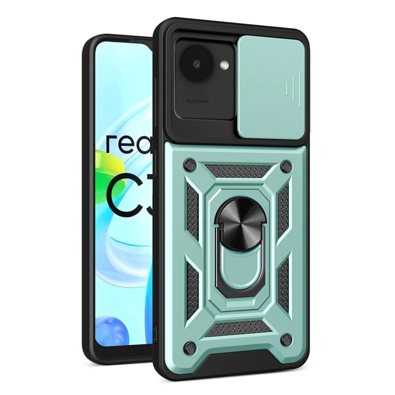 Para Realme C30 4G Anillo Titular Kickstand PC + Funda Protectora de TPU a Prueba de Golpes Protector de Cámara Deslizante Funda para Teléfono - Verde