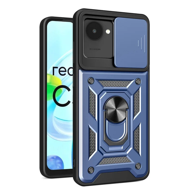 Para Realme C30 4G Ring Sporter Kickstand PC + TPU Cambia de Choques Tallas Diapositivas Cubierta de Teléfono Protector - Azul