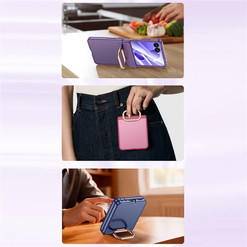 For Samsung Galaxy Z Flip8 Case with HD Screen Protector Ring Kickstand Hinge Protection Matte PC Phone Cover - Blue