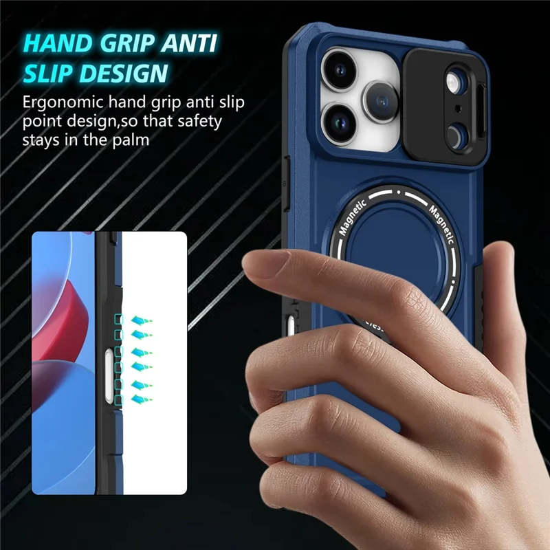 For iPhone 18 Pro  /  17 Pro Magnetic Case Kickstand PC + TPU Phone Cover with Slide Camera Lid - Sapphire
