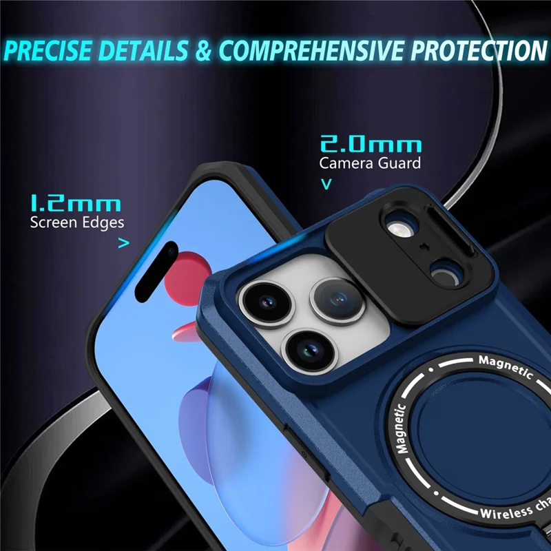For iPhone 18 Pro  /  17 Pro Magnetic Case Kickstand PC + TPU Phone Cover with Slide Camera Lid - Sapphire