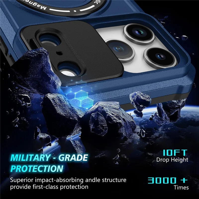 For iPhone 18 Pro  /  17 Pro Magnetic Case Kickstand PC + TPU Phone Cover with Slide Camera Lid - Sapphire