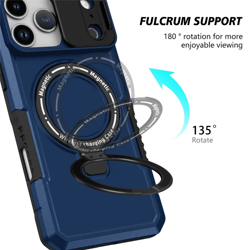 For iPhone 18 Pro  /  17 Pro Magnetic Case Kickstand PC + TPU Phone Cover with Slide Camera Lid - Sapphire