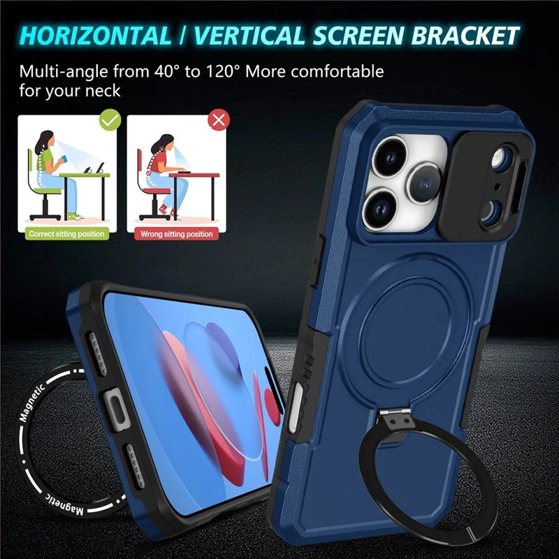 For iPhone 18 Pro  /  17 Pro Magnetic Case Kickstand PC + TPU Phone Cover with Slide Camera Lid - Sapphire