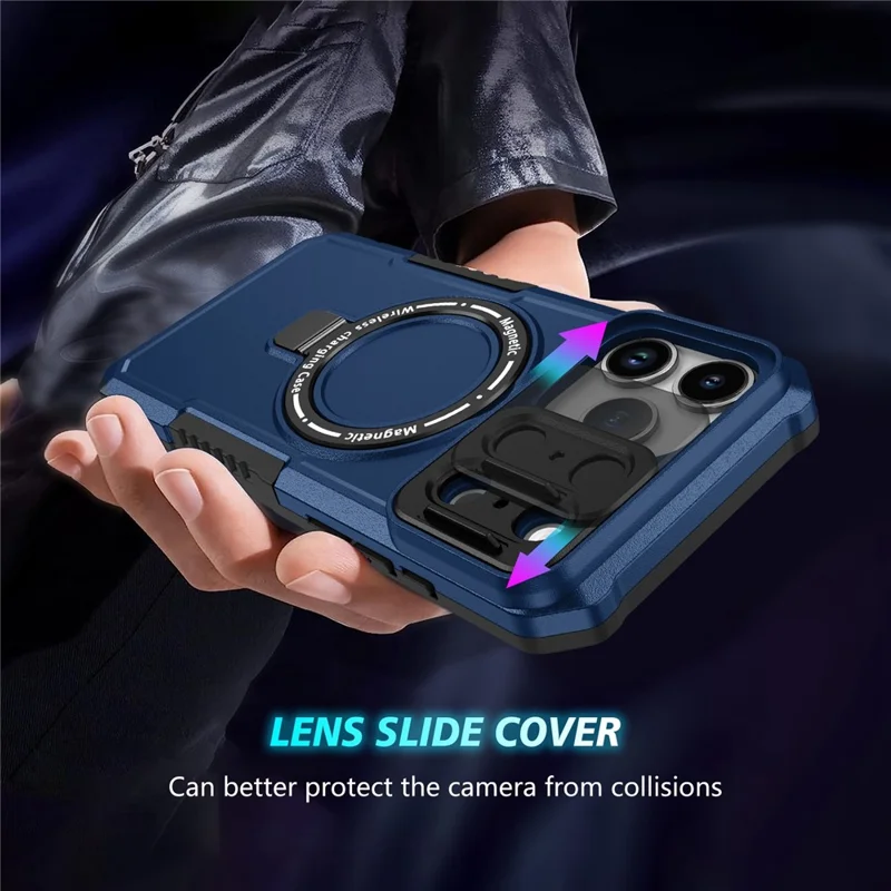 For iPhone 18 Pro  /  17 Pro Magnetic Case Kickstand PC + TPU Phone Cover with Slide Camera Lid - Sapphire