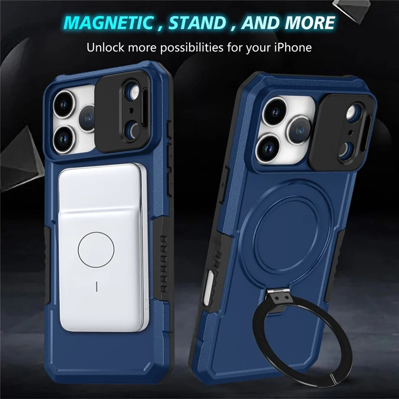 For iPhone 18 Pro  /  17 Pro Magnetic Case Kickstand PC + TPU Phone Cover with Slide Camera Lid - Sapphire
