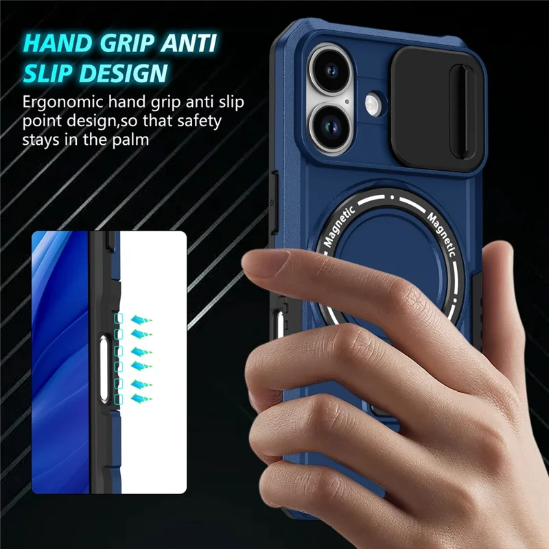 For iPhone 17 Magnetic Case Kickstand PC + TPU Phone Cover with Slide Camera Lid - Sapphire