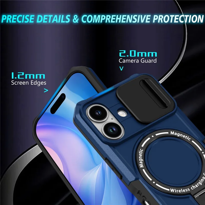 For iPhone 17 Magnetic Case Kickstand PC + TPU Phone Cover with Slide Camera Lid - Sapphire
