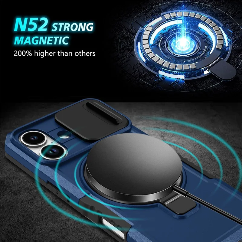 For iPhone 17 Magnetic Case Kickstand PC + TPU Phone Cover with Slide Camera Lid - Sapphire